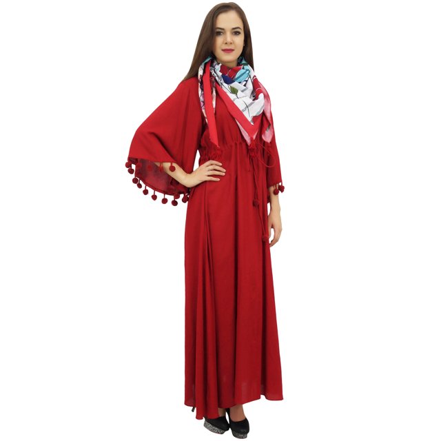 Bimba Robe Maxi Ample Bordeaux Décontractée pour Femme à Manches Évasées avec Pompons et Foulard - 18