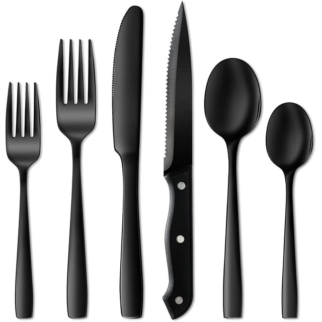 24 Pieces Black Silverware Set, including 4 dinner forks, 4 salad forks, 4 dinner knives, 4 dinner spoons, 4 teaspoons, and 4 steak knives. Made of food-grade stainless steel with a mirror-polished black finish. The set features a sleek, modern design with smooth handles and medium weight for comfortable use. Dishwasher safe and suitable for daily dining or special occasions.
