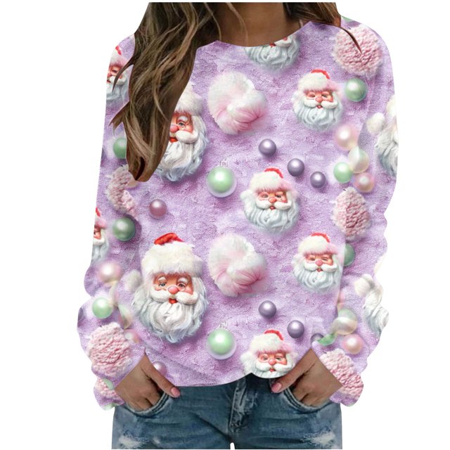 Pisexur Chandail en Molleton de Noël pour Femmes Sans Capuche Imprimé Graphique Vacances Col Rond Chandail en Molleton Ample Surdimensionné Automne Mode Décontracté Chandail-Over Manches Longues pour Femmes
