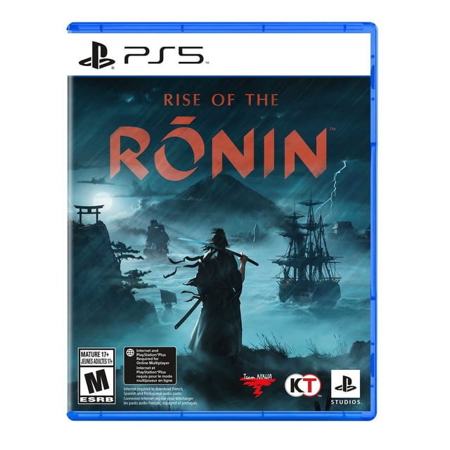 Rise of the Ronin™ (PS5) game cover showing a masterless samurai warrior holding a glowing katana on a cliff, overlooking a stormy sea with traditional Japanese ships, a torii gate, and lightning under a dark rainy sky, representing 19th-century Japan's Bakumatsu period.