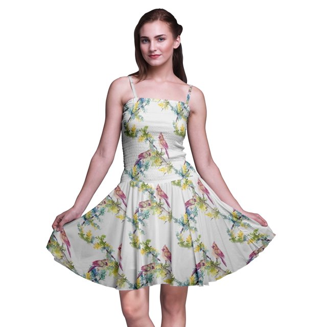 Bimba Robe d'Été à Bretelles Spaghetti Imprimée d'Oiseaux, Robe de Plage pour Vacances et Fêtes - XX-Grand