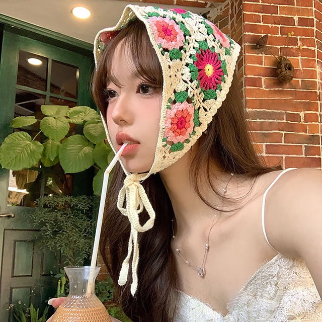 Hand Crocheted Hook Flower Hollowed Out Triangular Scarf Sweet And Cute Tie Hair Turban Hat