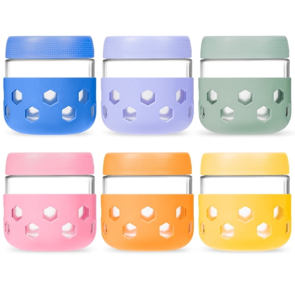 Mrsdry Lot de 6 Pots Mason en Verre de 280 ml (10 oz) avec Manchons en Silicone, Contenants Hermétiques Sans BPA pour la Préparation des Flocons d'Avoine la Veille, avec Couvercles, Compatibles Lave-Vaisselle et Étanches, Parfaits pour la Préparation des Repas (Pudding de Chia, Yogourt, Collations).