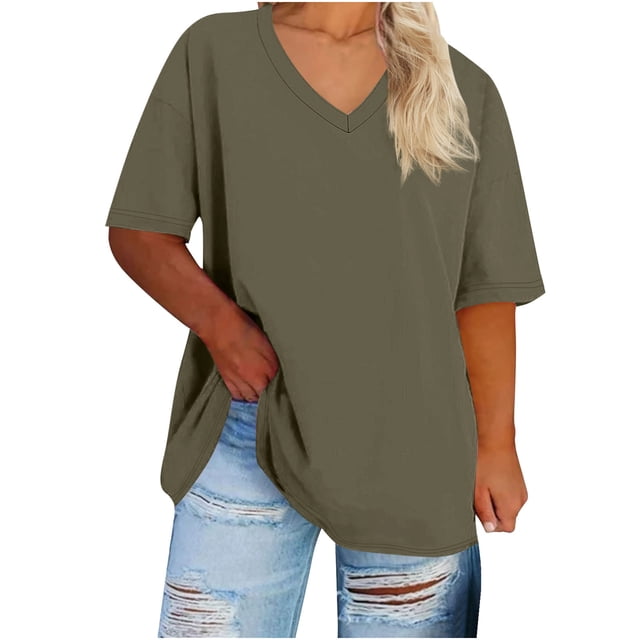 Moxiu Womens Plus Size Summer V Neck Tees Casual Loose Fit Short Sleeve Solid Color Oversized Basic Tunic Tops Brown,M
