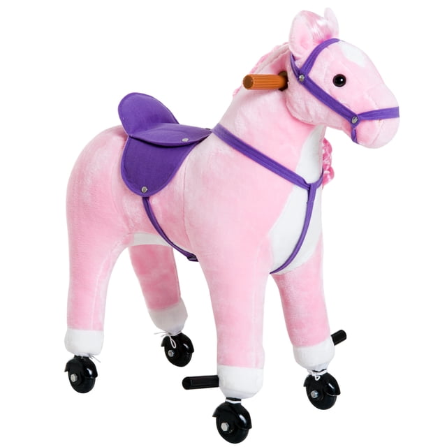 Qaba Kids Walking Pony Ride on Toy Rocking Horse Neigh Sound Plush w/ Wheel Child Gift 110lb Weight Capacity Pink