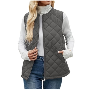 Wdfiry Women's Vests Lightweight Zip Open Front Sleeveless Jackets Loose Casual Plus Size Zip Pockets Solid Color Coats