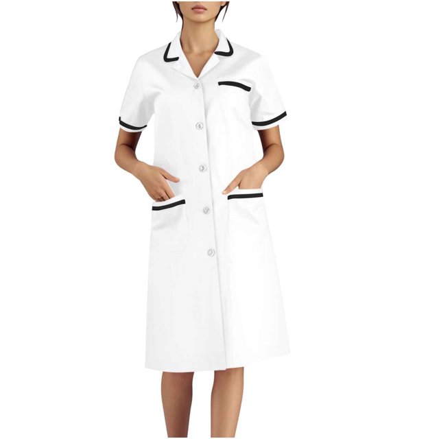 Xfvqtps Robe d'Infirmière pour Femmes avec Poches, Boutons, Manches Courtes, Empiècement, Col à Revers, Robe de Travail pour Préposée, Blanc