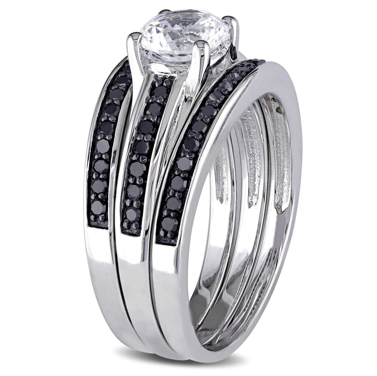 Ensemble nuptiale 3-bagues Miabella avec saphir blanc synthétique et diamant noir 1/2 CT poids total en argent sterling