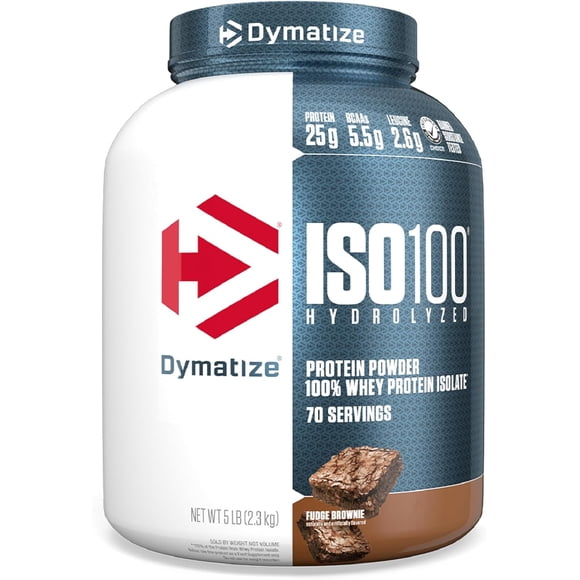 Dymatize Nutrition ISO100 Hydrolyzed Protein Powder, 100% Whey Isolate Protein, 25g of Protein, 5.5g BCAAs, Gluten Free, Fast Absorbing, Easy Digesting, Fudge Brownie, 5 Pound