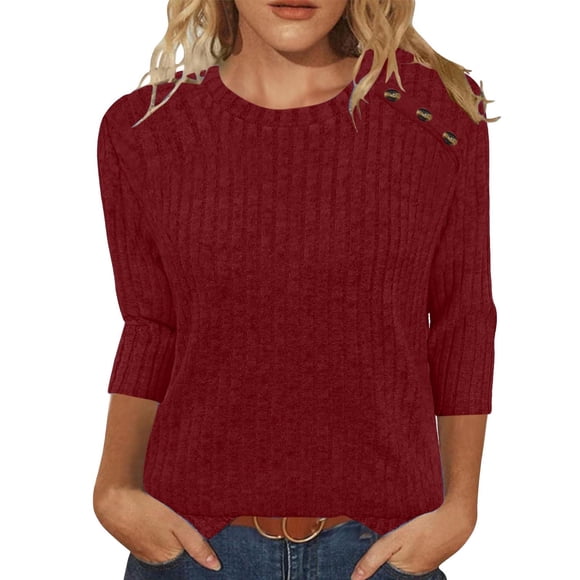 Pincandy Womens Sweaters Fall Fashion 3/4 Length Sleeve Tops Crew Neck Button Shirts Casual Pullover Cute Winter Clothes