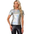 thumbnail image 1 of INSPIRE CHIC Women's Party Metallic Textured Short Sleeve Shiny Multi Color Top, 1 of 6