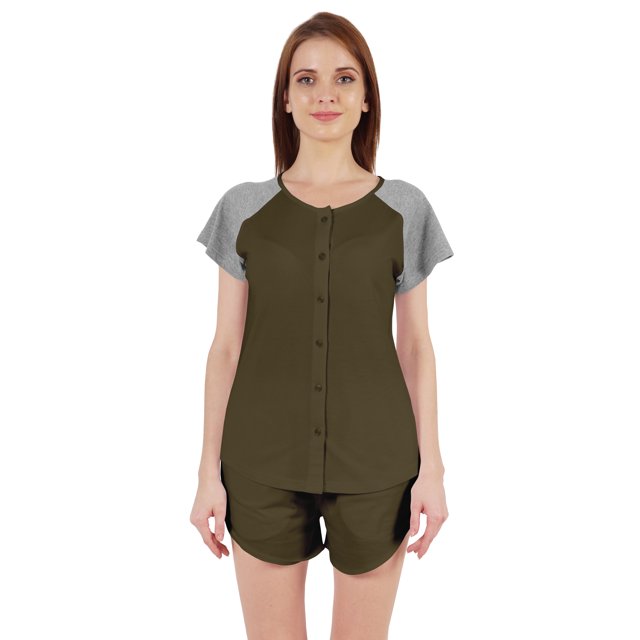 Inkmeso Solid 2 Pc Nightwear Set For Women Raglan Sleeves Button-Down Top & Shorts Sleepwear-82