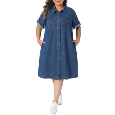 Agnes Orinda Women's Plus Size Denim Dresses Button Down Lapel Short Sleeve Midi Summer Casual Denim Jean Shirt Dress with Pockets 1X Blue