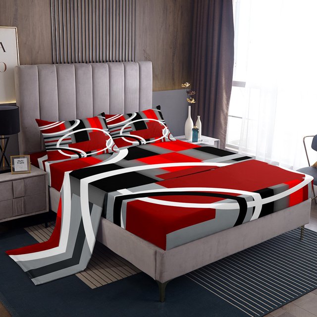 Erosebridal Draps à Rayures Rouges, Noires et Grises Format Double, Ensembles de Literie Modernes à Cercles Abstraits Taille Double 4 Pcs