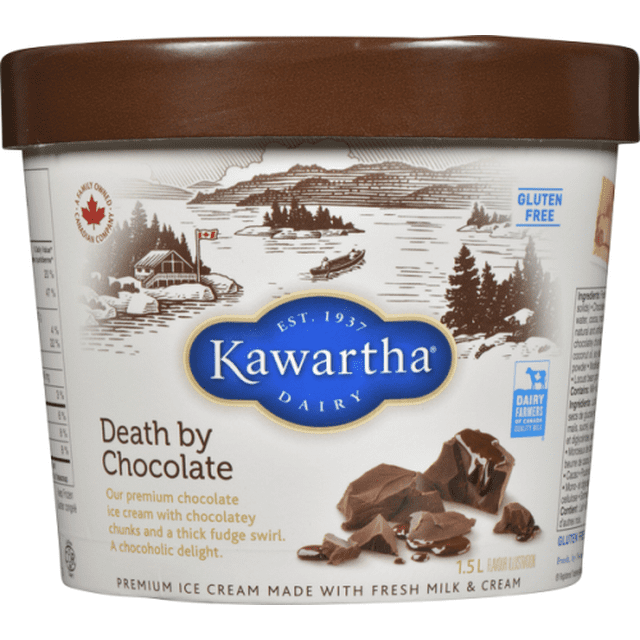 Death by Chocolate premium ice cream by Kawartha Dairy in a 1.5L tub, featuring chocolate ice cream with chocolate chunks and a thick fudge swirl, gluten-free, with a brown lid and lakeside illustration on the container.