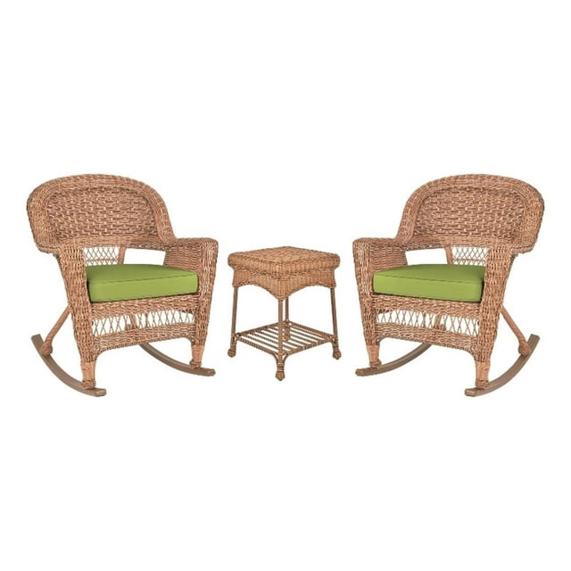Jeco 3pc Wicker Rocker Chair Set in Honey with Green Cushion
