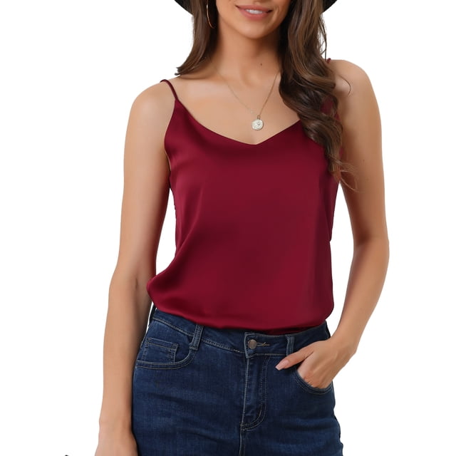 INSPIRE CHIC Camisole en Satin pour Femme à Col en V à Bretelles Spaghetti en Soie pour Dormir et Se Détendre Pyjama Blouse L Rouge
