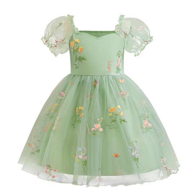 Yanlir Robe d'Été en Dentelle pour Fille, Princesse, à Volants, Sans Manches, Broderie, Tulle, Nœud, Robes; Robe de Fête à Col Rond; Tenue Imprimée Mode Printemps Été pour Enfants (Vert, 1 An)