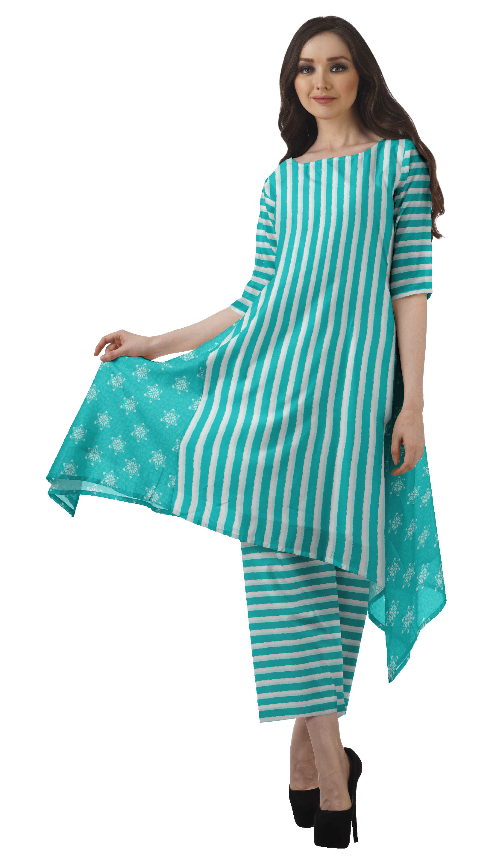 Moomaya Asymmetric Kurti With Pant Set Women Printed Chanderi Partywear Clothing
