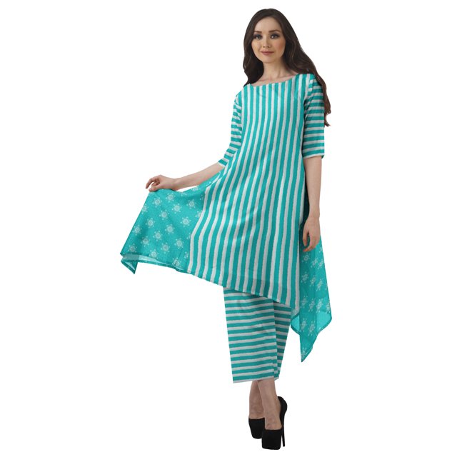 Moomaya Ensemble Kurti Kurta Pantalon pour Femmes Col Bateau Imprimé Robe 2 Pcs Tenue Ethnique