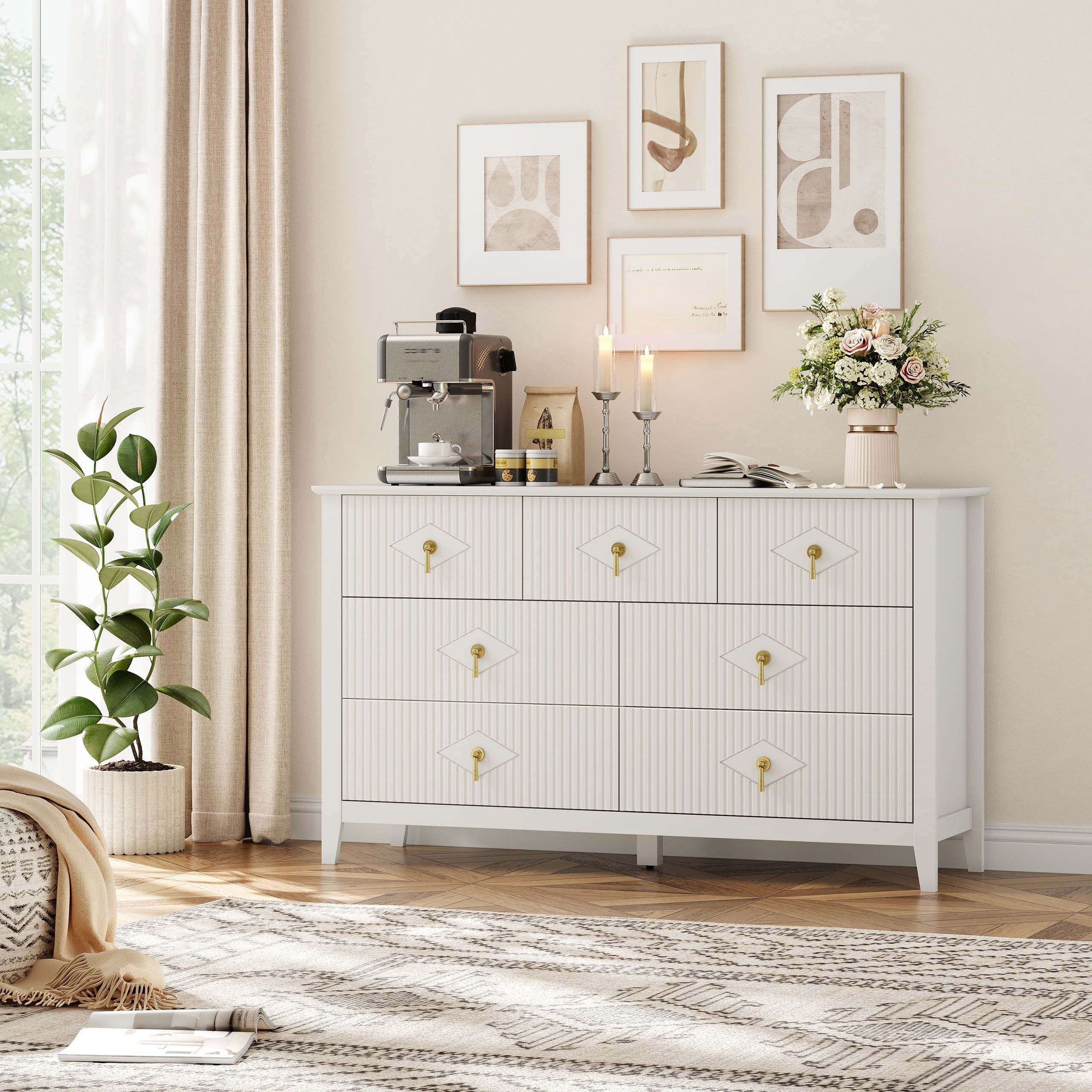 54-Inch Fluted 7-Drawer Dresser – Modern Wood Chest of Drawers with ...