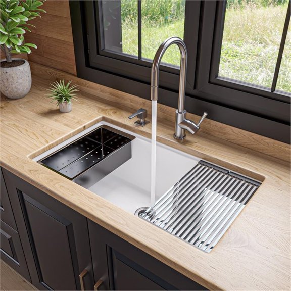 Pemberly Row White 33" Granite Composite Workstation Single Bowl Undermount Sink