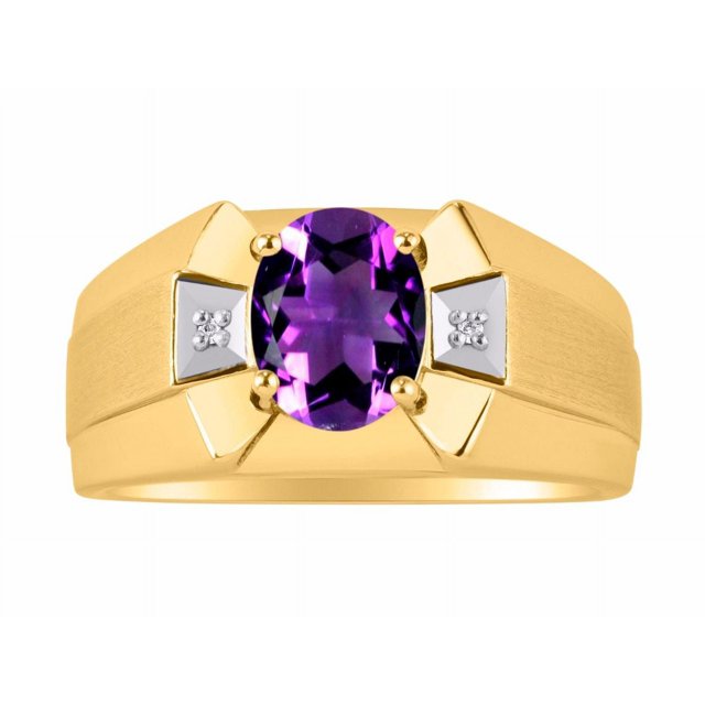 RYLOS Men's Rings 14K Yellow Gold Rings Classic Designer 9X7MM Oval Gemstone & Diamond Ring Amethyst February Birthstone Ring Size 8