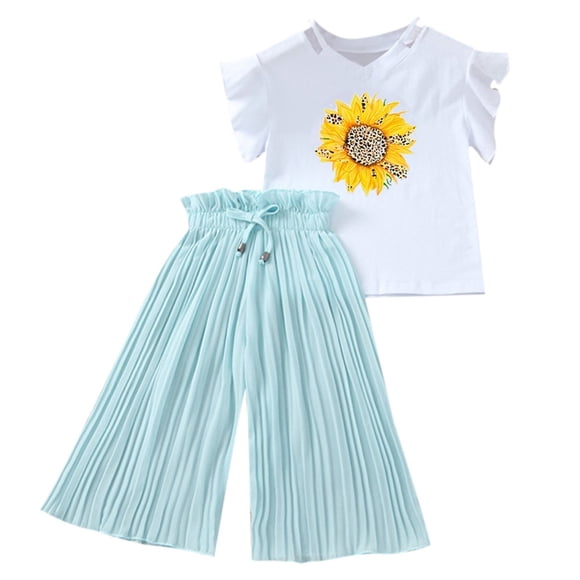 Ketyyh-chn99 Toddler Girl'S 2pcs Outfits Clothing Sets Toddler Kids Girls Clothing Sets Summer Sunflower T Shirt Tops Chiffon Ruched Loose Pants Outfits Children Clothes for 5 Years,Mint Green