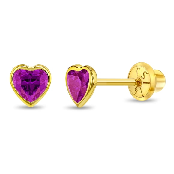 14k Yellow Gold 4mm Magenta Bezel Set Heart Cubic Zirconia Screw Back Earrings