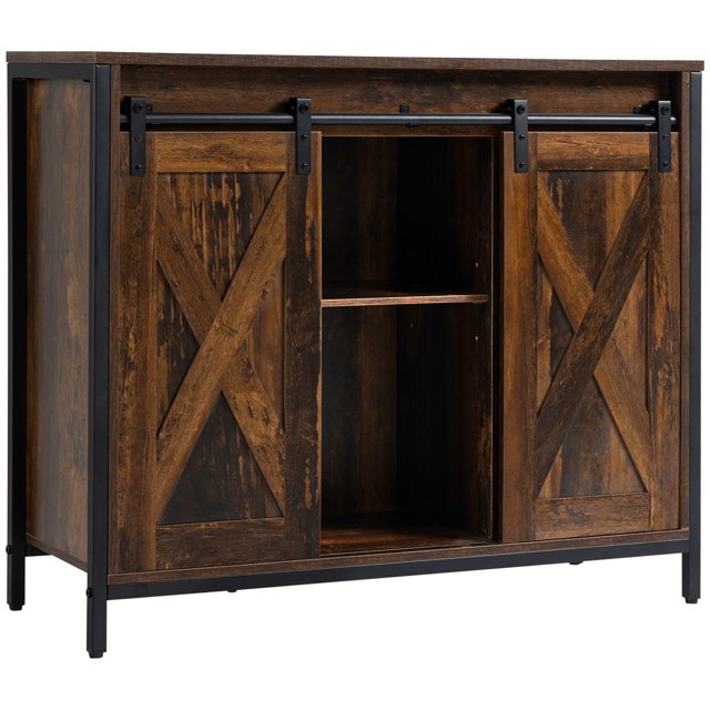 HOMCOM Industrial Sideboard Buffet Cabinet with Barn Doors Rustic Brown