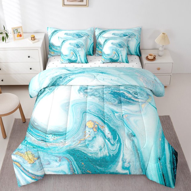 YST Blue Marble 7-Piece Comforter Set, Abstract Aesthetic Bedding, Queen