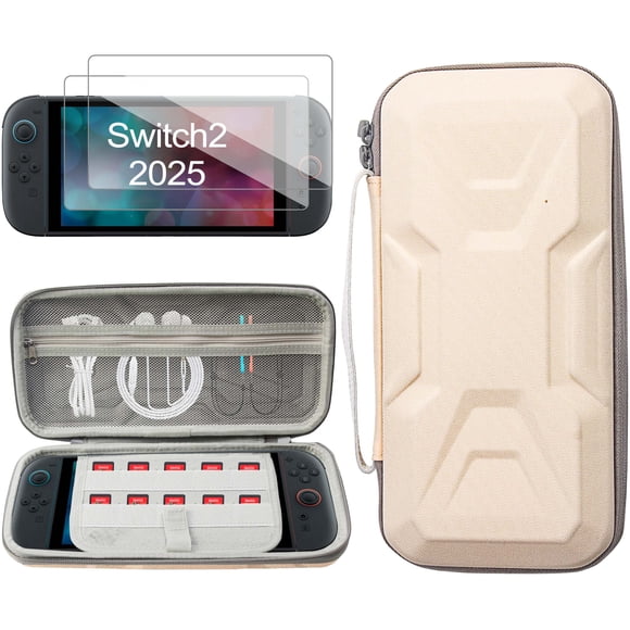 Carrying Case for Nintendo Switch 2, Armored Mech Design, Hard Shell & Waterproof Portable Travel Carry Case Game Storage Bag with 2 Screen Protectors, Beige