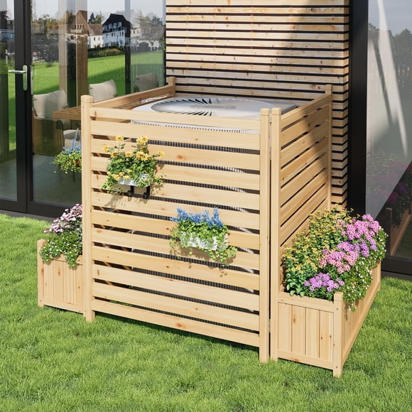 GOGRANT Wooden AC Unit Cover with Planter Boxes, Foldable Privacy Screen for Outdoor Garbage Can & Air Conditioner, Garden Divider with 2 Planters & Trellis for Patio Backyard