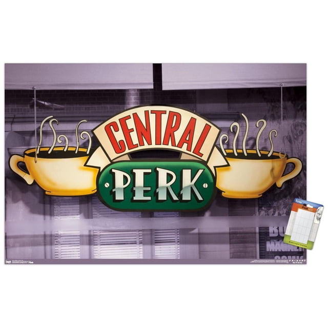 Friends - Affiche Murale Central Perk, 22,375 Po x 34 Po, Mettant en Vedette le logo Central Perk avec Deux Tasses de Café Jaune Vapeur de Chaque Côté, Imprimée sur du Papier Affiche Brillant avec un Fond Violet Montrant des Stores de Fenêtre et des Détails de Mur en Briques, Convient pour Décorer des Chambres, des Bureaux Ou des Résidences Étudiantes.