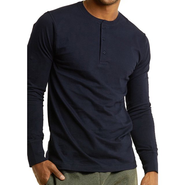 SLM Mens Cotton Thermal Tops Waffle Knit or Plain Henley Shirts -Large-Basic Navy