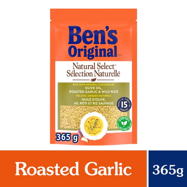 BEN'S ORIGINAL NATURAL SELECT Olive Oil, Garlic Flavour & Wild Rice 365g pouch with orange and white packaging, showing a blend of long grain and wild rice infused with roasted olive oil and garlic, ready in 15 minutes for easy, flavourful meals.