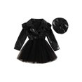 thumbnail image 1 of Fortune Little Girls Leather Dress Patchwork Long Sleeve Tutu Dress with Beret Hat, 1 of 9