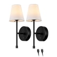 thumbnail image 1 of 2-Pack Rechargeable LED Integrated Wall Sconce, Black, White Fabric Shade, 3-Step Dimmer Touch Switch, 5ft USB-C Charging Cords Included, Battery-Operated, Wireless, 1 of 10