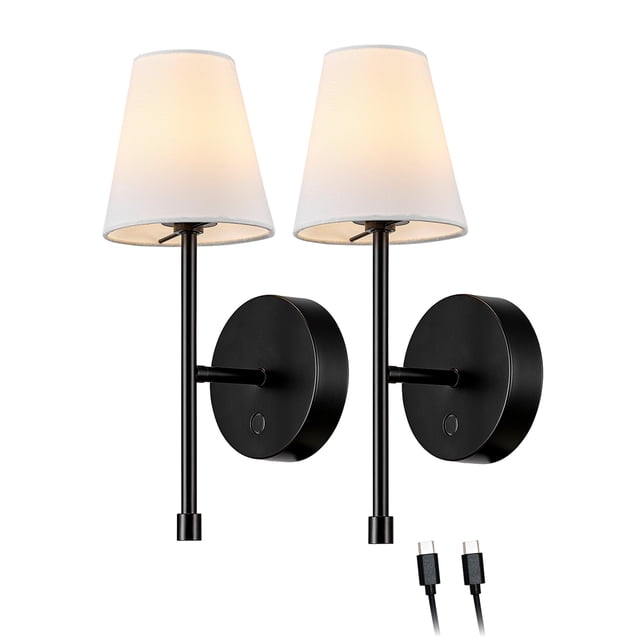 2-Pack Rechargeable LED Integrated Wall Sconce, Black, White Fabric Shade, 3-Step Dimmer Touch Switch, 5ft USB-C Charging Cords Included, Battery-Operated, Wireless