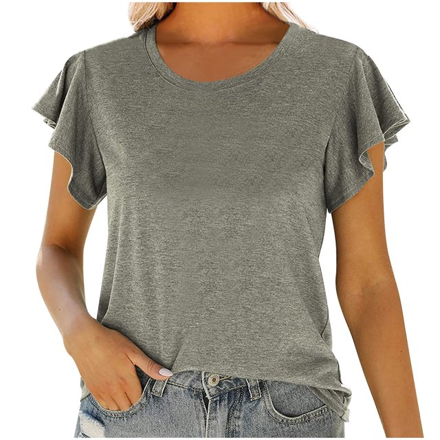 Birdeem Mode Femmes Col Rond Manches Courtes T-Shirt Uni à Volants Blouse d'Été
