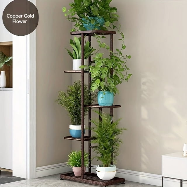 1 Paquet, Étagère à Fleurs en Fer Forgé à 5 Niveaux avec Fini Verni, Conçue pour Accueillir jusqu'à 6 pots. Ce Support à Plantes à Étages Présente une Forme Irrégulière et Convient à une Utilisation Polyvalente, Idéal pour les Balcons Ou les Espaces Intérieurs. Exposé avec Diverses Plantes en Pot dans un Cadre de Pièce Moderne.