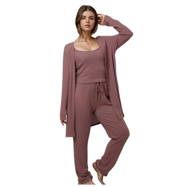 TJAZFJPA Ensemble Pantalon Violet pour Femmes 2025 Vêtements Européens et Maison Haut à Bretelles Tricoté Robe Pyjama Trois Pièces Tenues d'Affaires pour Femmes