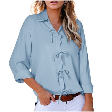breaise T-shirt à Manches Longues à Col en V pour Femme, Chemise Boutonnée Unie, Blouses Habillées Décontractées, Hauts de Travail de Bureau, Jolies Chemises à Nouer devant, Bleu Ciel, TTTG