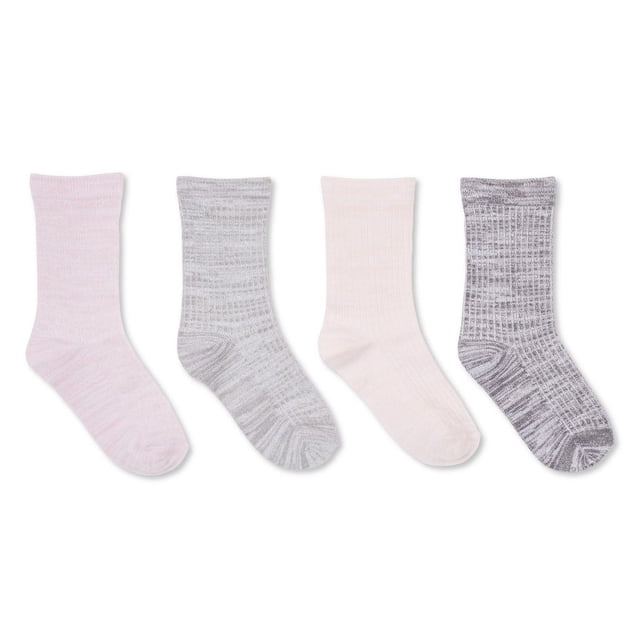 George Girls' Crew Socks 4-Pack includes four assorted pairs in pastel pink, light gray, cream, and marled gray. These crew-length socks have ribbed legs for a snug fit and are made from a rayon bamboo blend, suitable for everyday wear and active use.