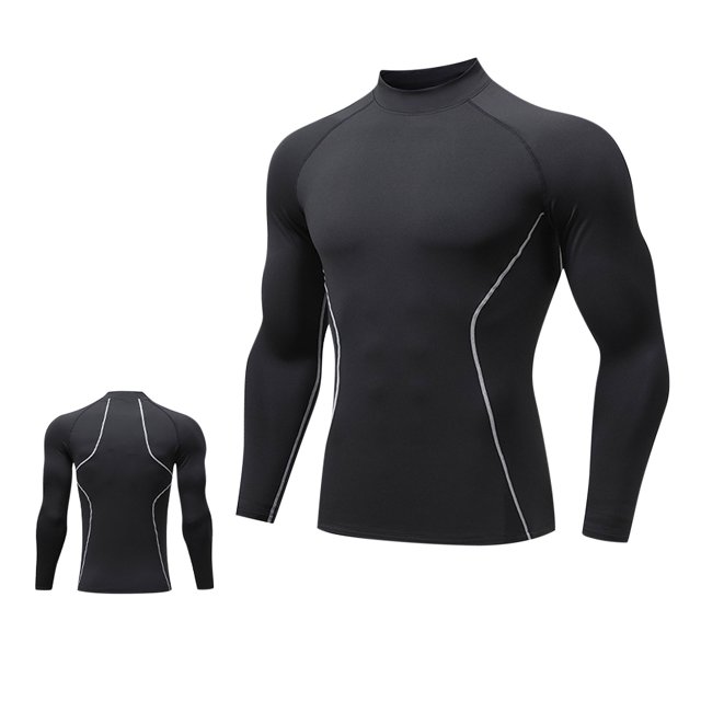 LNWUY Chandail de Compression Homme à Manches Longues Couche de Base Entraînement Col Montant Chandails Extensible 4 Directions Hauts Évacuant l'Humidité Noir TTG
