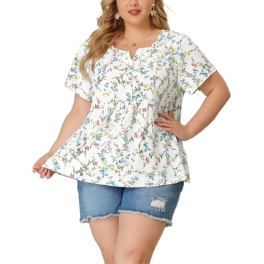 Agnes Orinda Women's Plus Size Peplum Tops Floral Half Placket Short Sleeves Casual Blouses 4X White