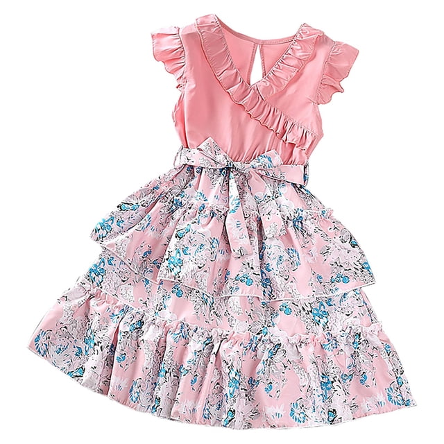Chandails pour Filles Taille 8 Robe de Demoiselle d'Honneur pour Petite Fille Robes pour Filles Été Manches Volantées Robe à Imprimé Floral