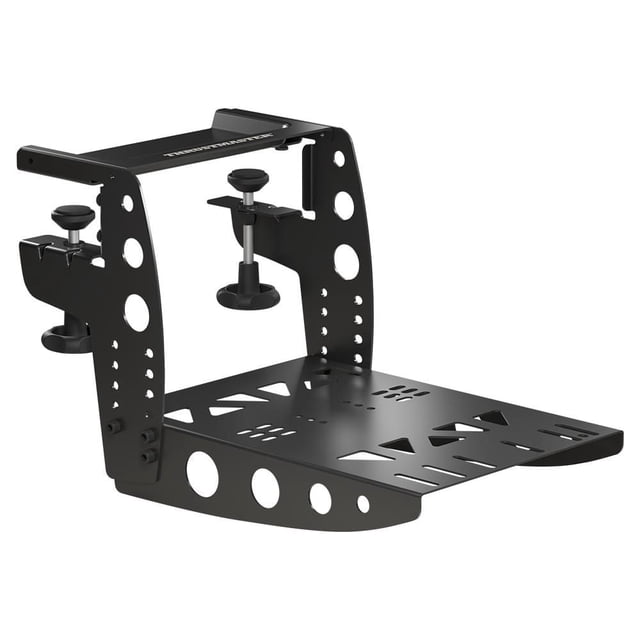 Thrustmaster TM Flying Clamp, a black 100% metal mounting system with circular cutouts and adjustable screws, designed to securely attach flight simulation accessories to desks or tables 0.6 to 1.8 inches thick for ergonomic gaming setups.
