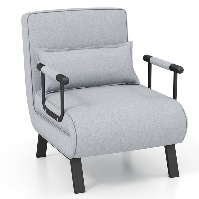 Costway Fauteuil-Lit Convertible Pliant à 6 Positions avec Oreiller en Gris Pâle. Cette chaise Multifonctionnelle Peut Servir de Fauteuil de sofa, chaise Longue, Lit Simple Ou chaise de Sol. Elle Présente un Dossier Réglable à 6 Niveaux (0° à 85°) pour un Confort Personnalisé. Rembourrée en Tissu de Lin Respirant, Elle Comprend un Coussin de 5 Pouces d'Épaisseur et un Oreiller en Coton PP Doux pour le Cou Ou un Soutien Lombaire. les Accoudoirs Sont Rembourrés et Recouverts pour une Détente Accrue. Soutenue par des Pattes en Métal Durables avec Patins Antidérapants, la chaise a une Capacité de Poids de 330 Lb.