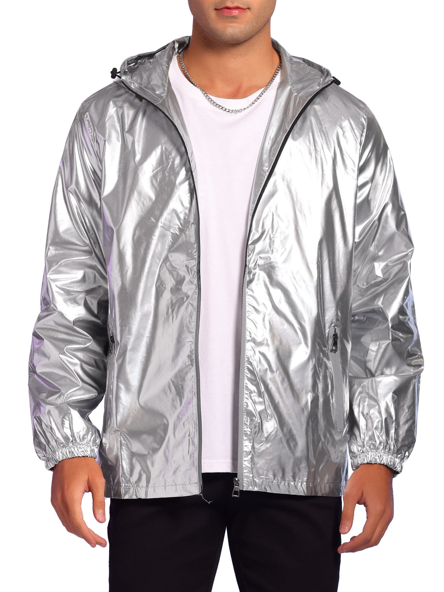 INSPIRE CHIC Metallic Jacket for Men's Sparkle Zipper Hooded Windbreaker Silver M